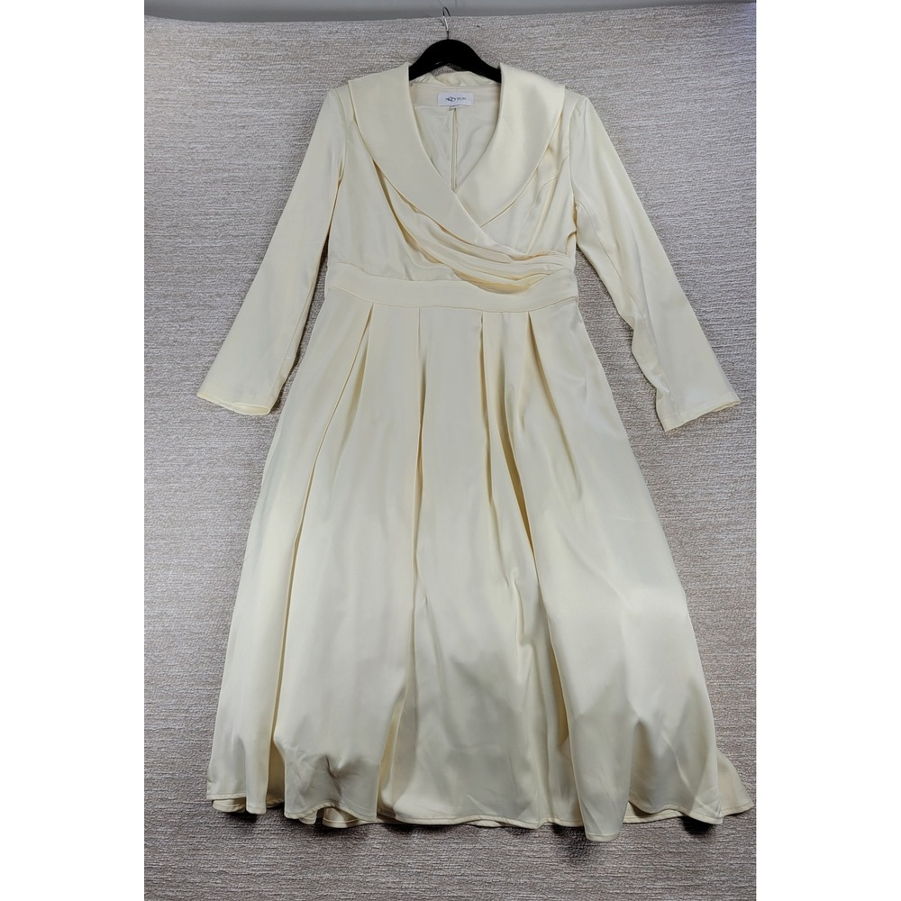 NOYIUS Dress Large Ivory Faux Wrap  Fit & Flare Long Sleeve Cocktail Party Bride